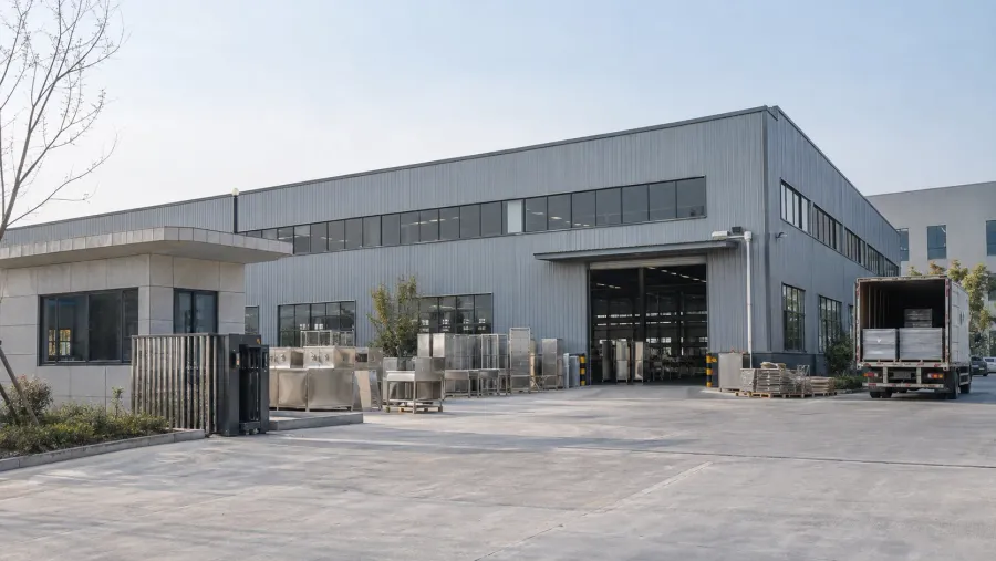 Factory exterior with a loading area and workshop buildings