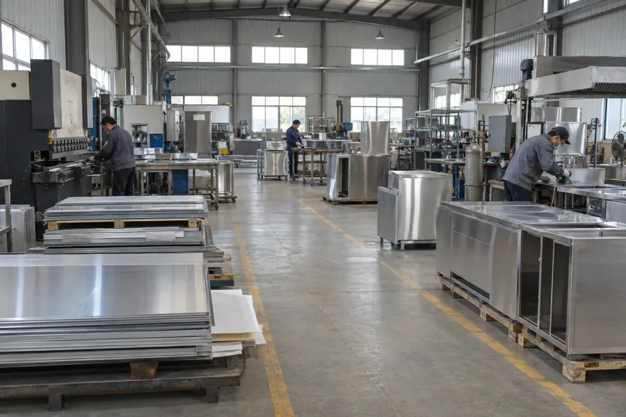 Stainless-steel fabrication workshop with equipment and workstations