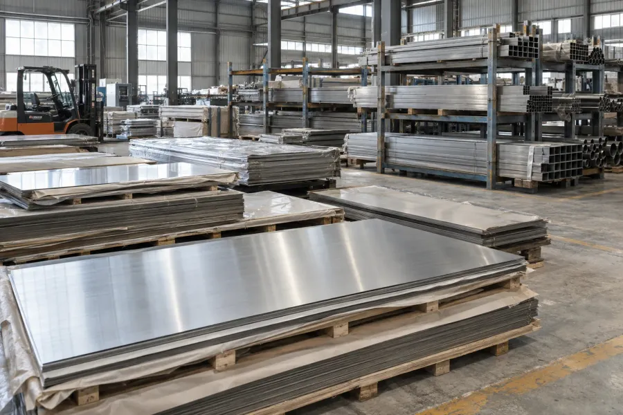 Stainless-steel sheets and profiles arranged in a material area