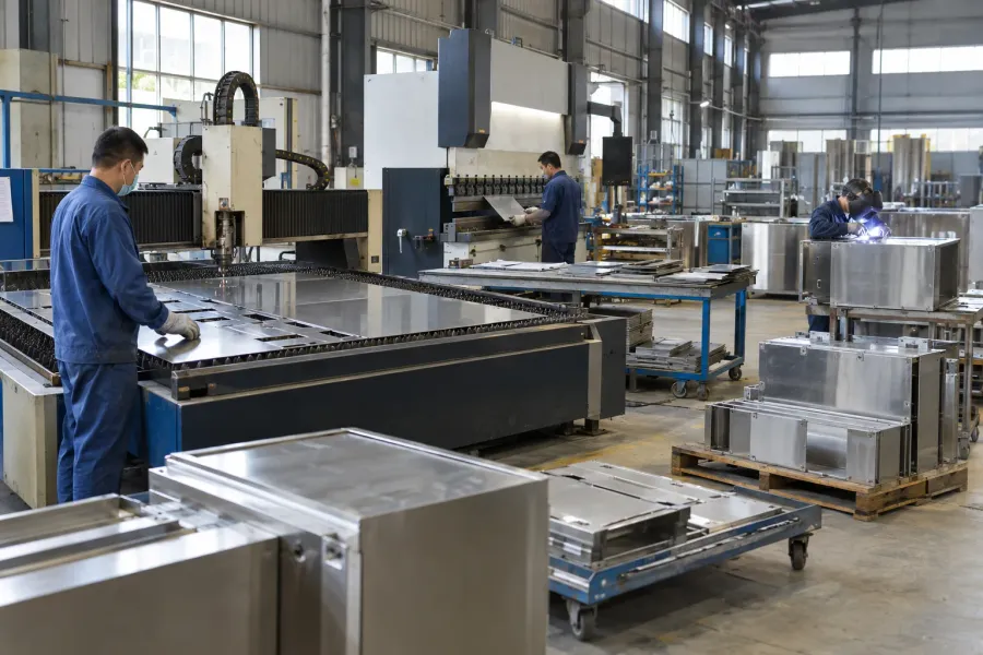 Stainless-steel production area with equipment and workstations