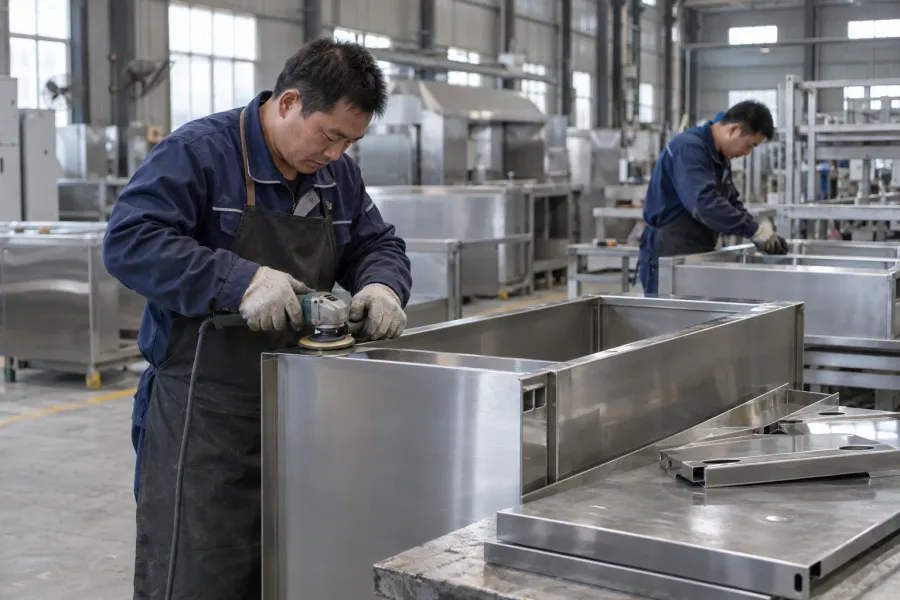 Workers carrying out stainless-steel fabrication in a workshop