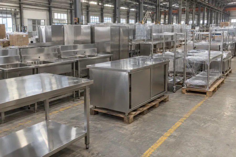 Finished stainless-steel kitchen equipment arranged before dispatch