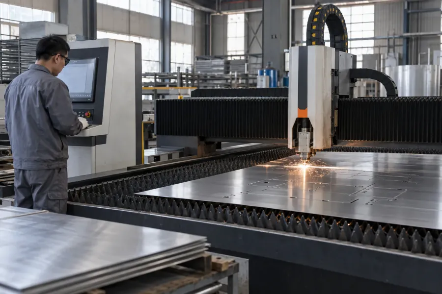 Laser cutting machine processing a stainless-steel sheet