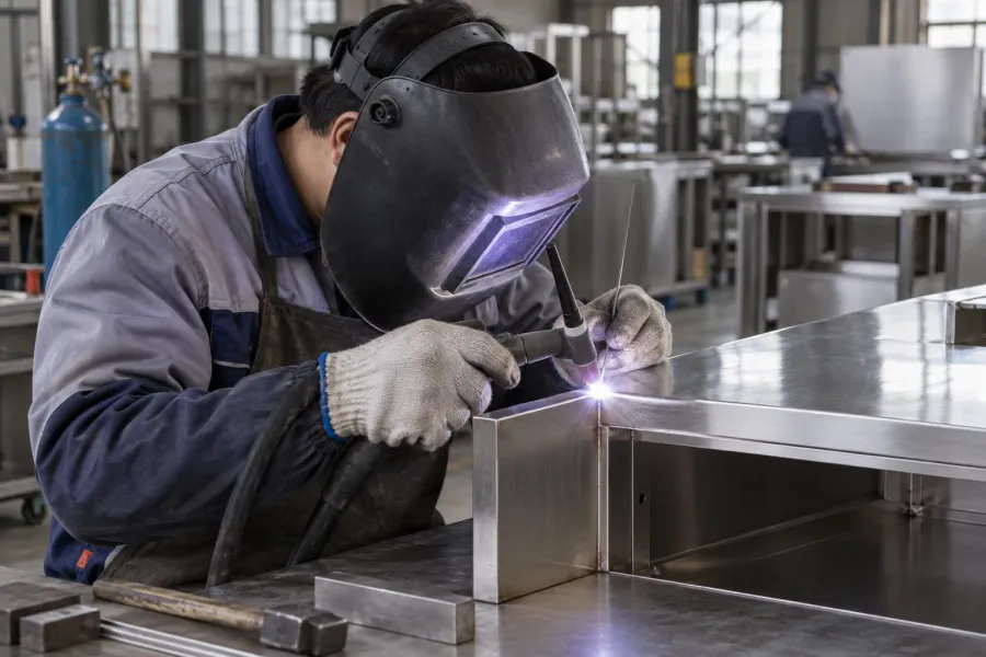 Worker performing TIG welding on a stainless-steel component