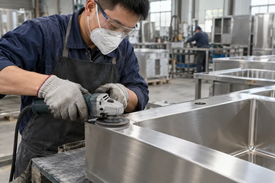 Worker polishing a stainless-steel surface