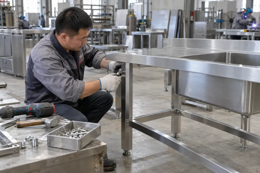 Worker assembling a stainless-steel commercial kitchen product