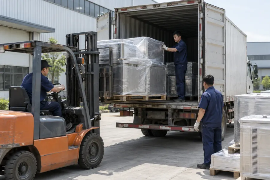 Packaged stainless-steel products being loaded for delivery