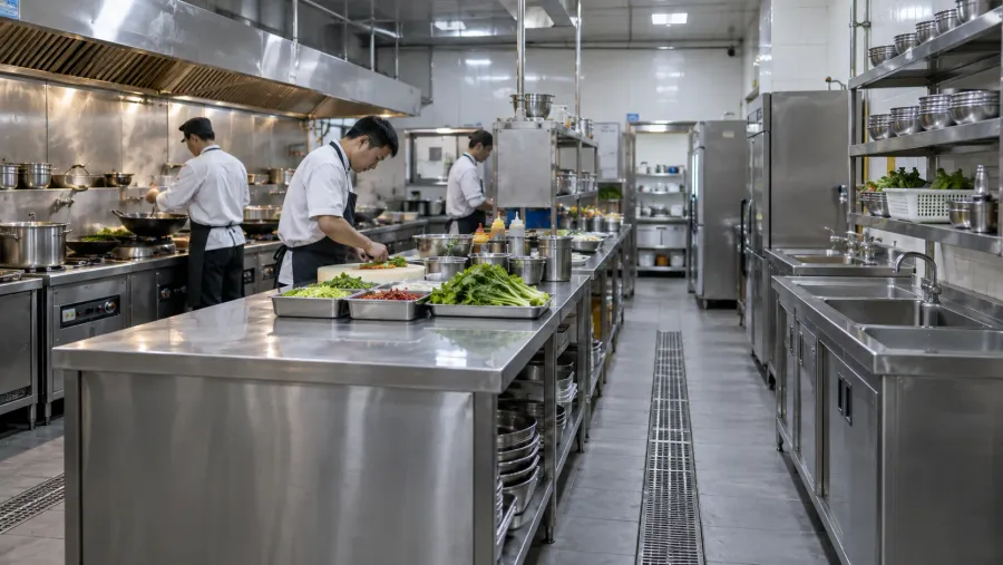 Stainless-steel equipment in a restaurant kitchen