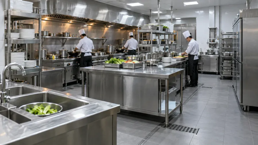 Stainless-steel equipment in a hotel kitchen
