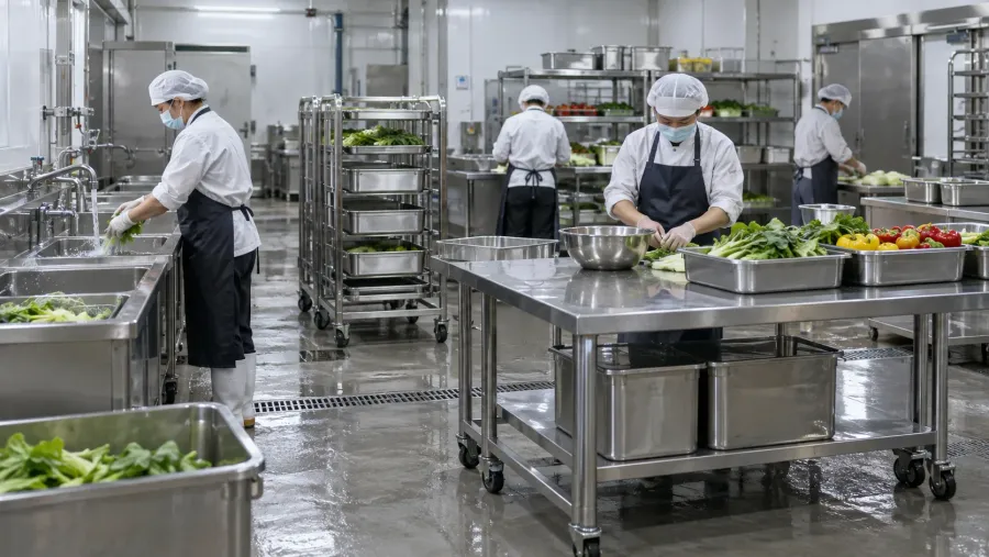 Stainless-steel equipment in a central kitchen or food processing area