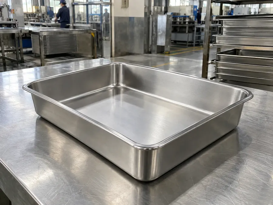 Deep roasting tray displayed on a stainless work surface in a production setting