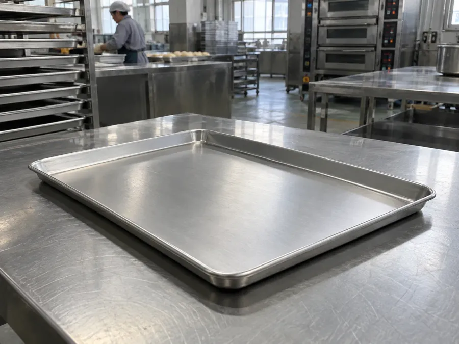 Shallow baking tray displayed on a stainless work surface