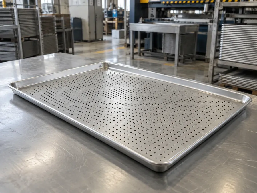 Perforated baking tray with an even pattern of holes