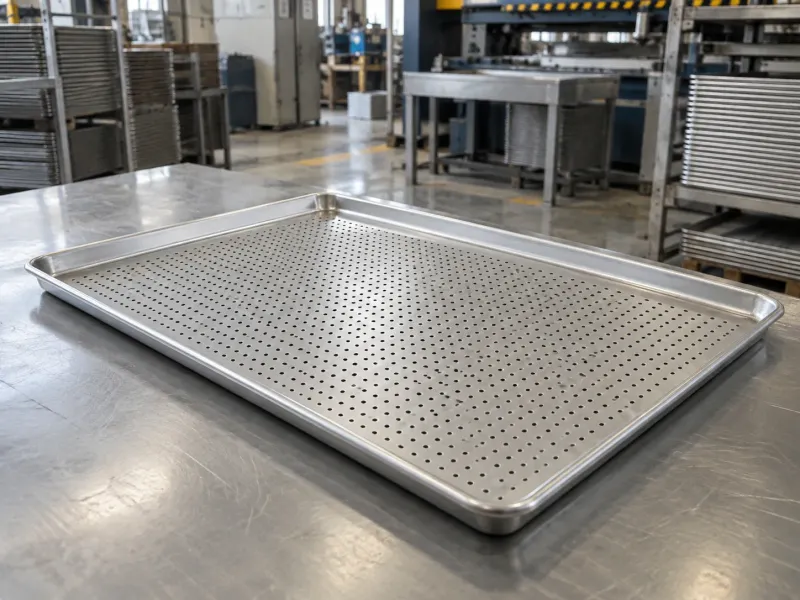 Perforated baking tray with an even pattern of holes