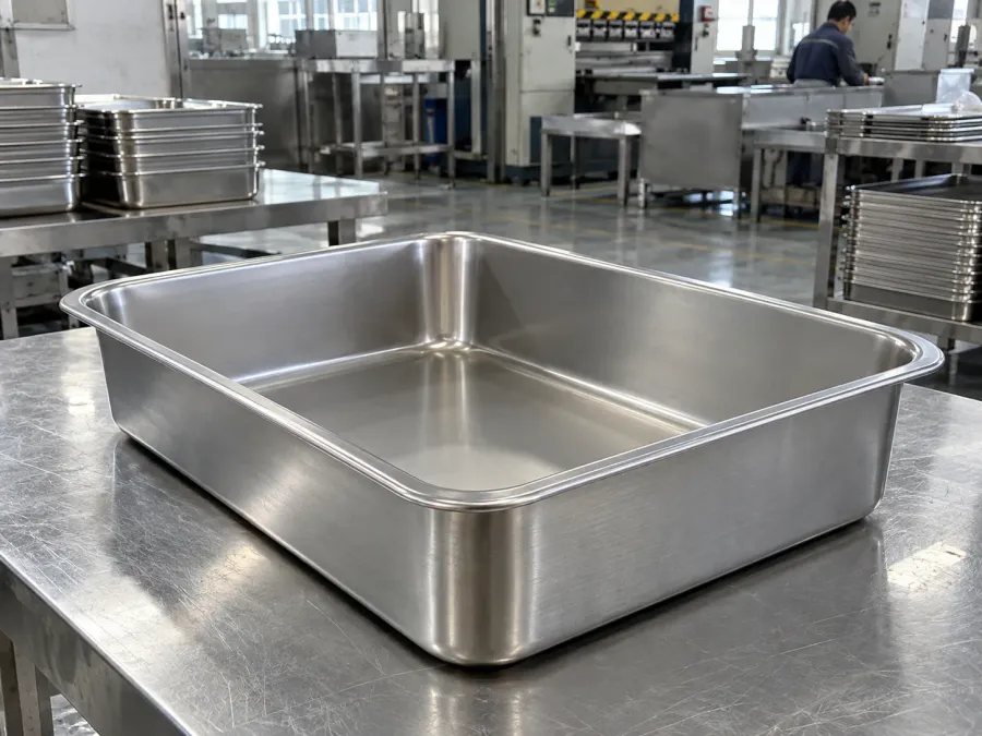 Deep baking pan displayed in a production setting