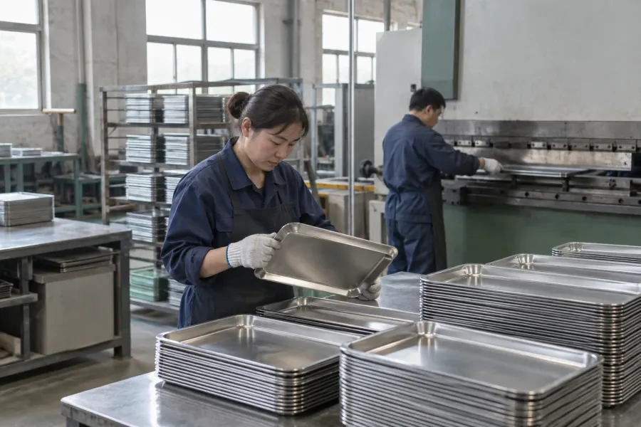 Tray products being formed and arranged in a production setting