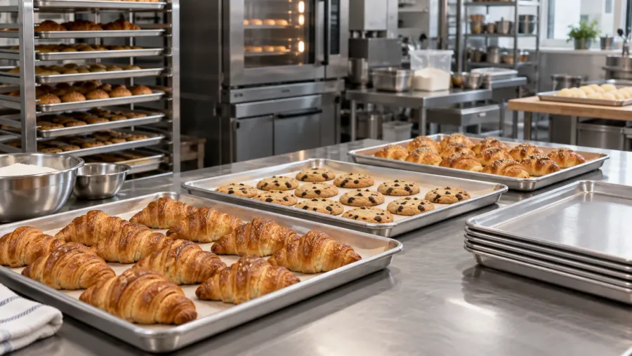 Trays being used in a commercial baking or kitchen workspace