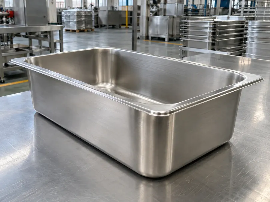 Deep GN pan displayed in a production setting