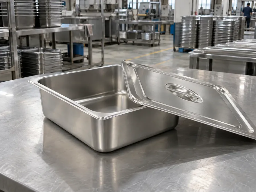 GN pan with a fitted lid displayed in a production setting