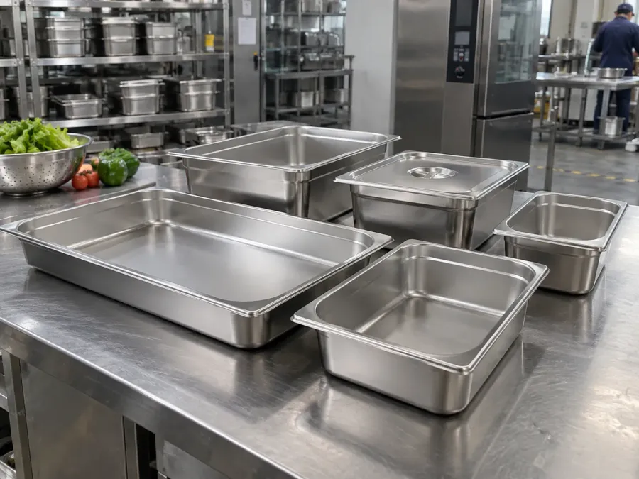 Set of GN pans displayed together in a production setting