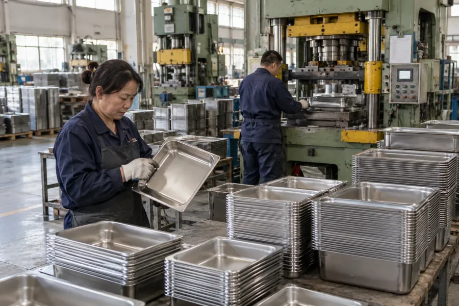 GN pans being handled in a production setting