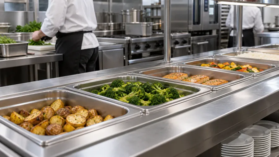 GN pans being used in a commercial food-service workspace