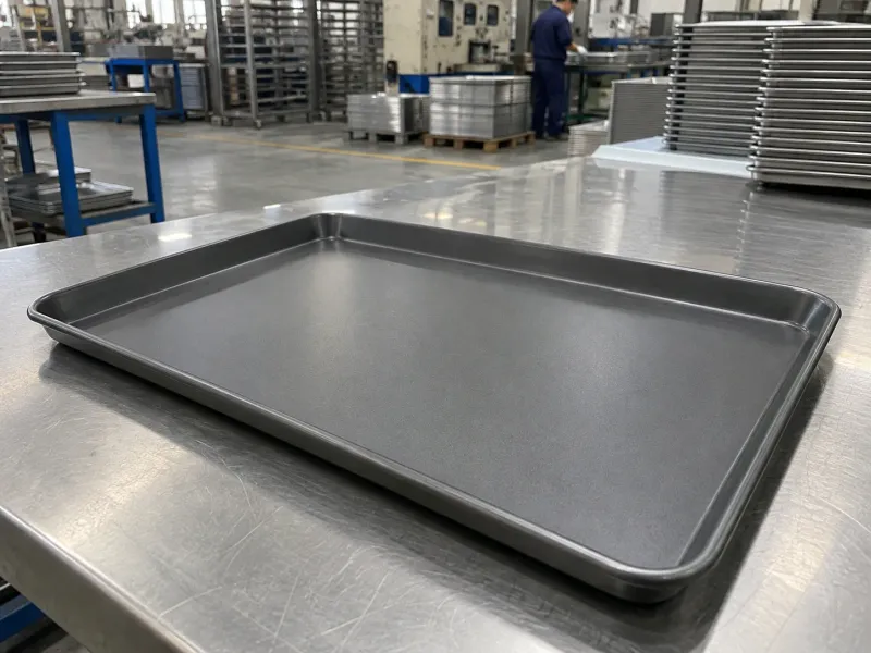 Coated baking tray displayed on a stainless work surface