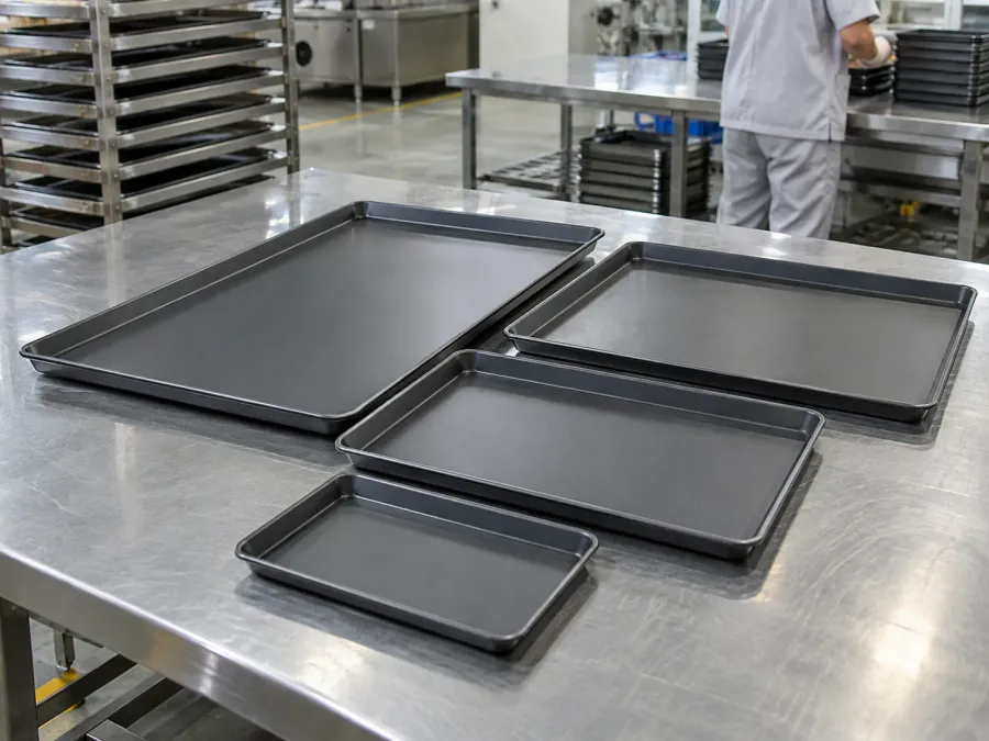 Set of coated baking trays displayed together